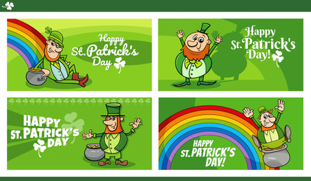 Cartoon illustration of Saint Patrick Day greeting cards design set with Leprechaun charactersのイラスト素材