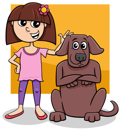 Cartoon illustration of teen girl with funny dog characterのイラスト素材