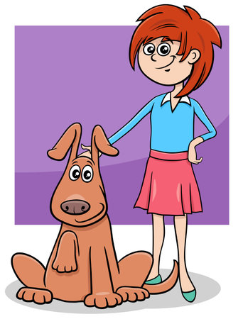 Cartoon illustration of teen girl with funny dog characterのイラスト素材