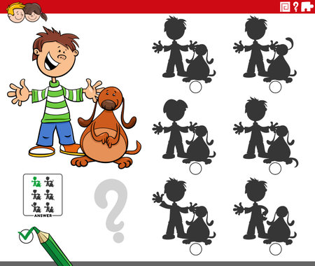 Cartoon illustration of finding the right picture to the shadow educational game with boy and his dogのイラスト素材