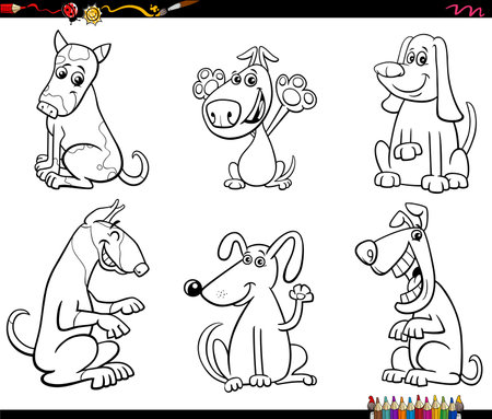 Cartoon illustration of funny dogs comic animal characters set coloring pageのイラスト素材