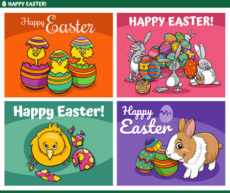 Cartoon illustration of Easter holiday greeting cards designs set with bunnies and chicksのイラスト素材