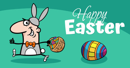 Cartoon illustration of funny man in bunny costume with Easter eggs greeting card designのイラスト素材