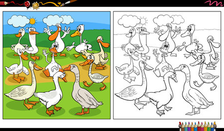 cartoon illustration of funny geese farm birds animal characters group coloring pageのイラスト素材