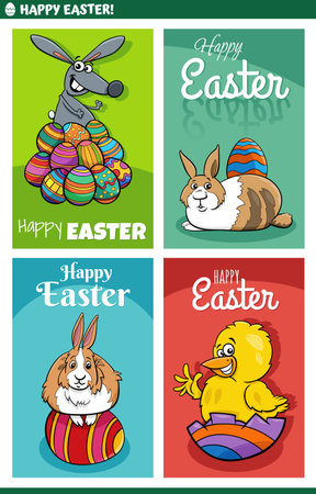 Cartoon illustration of Easter holiday greeting cards designs set with bunnies and chickのイラスト素材