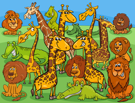 Cartoon illustrations of funny wild animal characters groupのイラスト素材