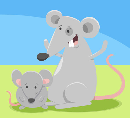 Cartoon illustration of funny gray mouse mom and baby animal charactersのイラスト素材