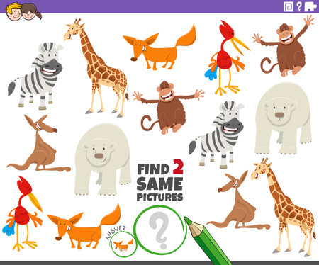 Cartoon illustration of finding two same pictures educational game with animal charactersのイラスト素材