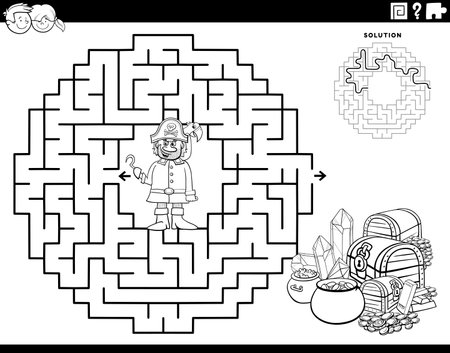 Cartoon illustration of educational maze puzzle game for children with pirate character and treasure coloring pageのイラスト素材