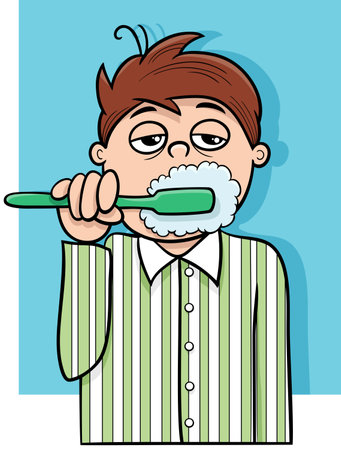 Cartoon illustration of a sleepy boy brushing his teeth in the morningのイラスト素材
