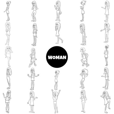 Cartoon illustration of women and girls female characters big setのイラスト素材