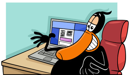 Cartoon illustration of funny black duck animal character with laptop computer behind the deskのイラスト素材