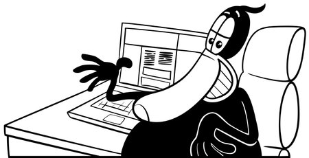Cartoon illustration of funny black duck animal character with laptop computer behind the desk coloring pageのイラスト素材