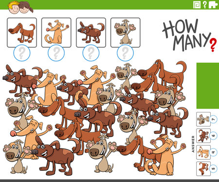 Cartoon illustration of educational counting game with comic dogs animal charactersのイラスト素材