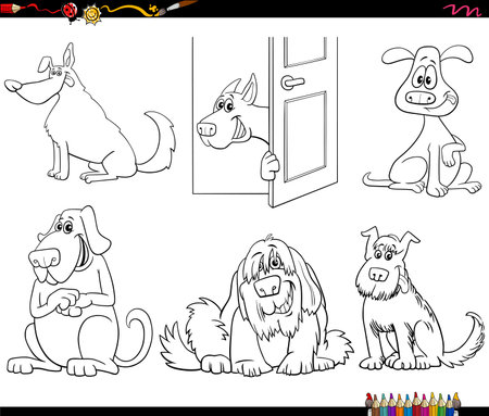 Cartoon illustration of funny dogs animal characters set coloring pageのイラスト素材