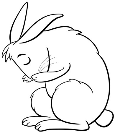 Cartoon illustration of miniature rabbit animal character washing itself coloring pageのイラスト素材