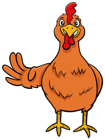 Cartoon illustration of hen or female chicken bird farm animal character waving his wingのイラスト素材
