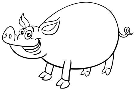 Cartoon illustration of funny pig or piglet farm animal character coloring pageのイラスト素材