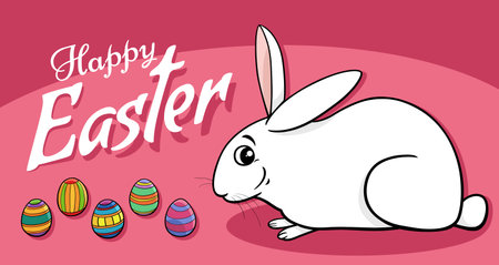 Cartoon illustration of Easter Bunny with colored eggs greeting card or banner designのイラスト素材