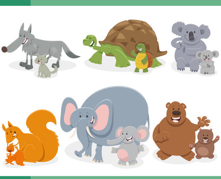 Cartoon illustration of funny wild animals characters set with their childrenのイラスト素材