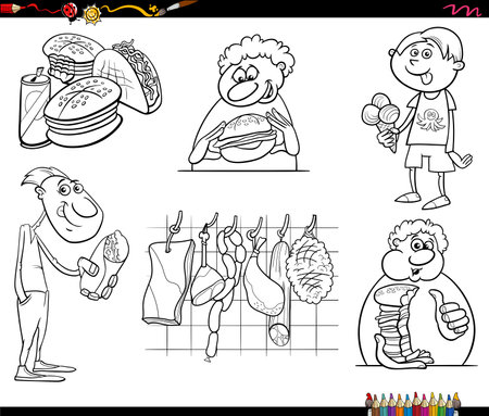 Cartoon illustration of funny people and food objects collection coloring pageのイラスト素材