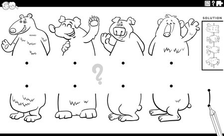 Cartoon illustration of educational puzzle of matching halves of pictures with funny bears animal characters coloring pageのイラスト素材