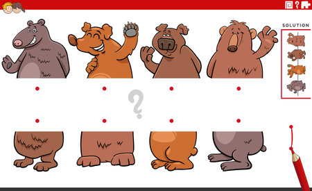 Cartoon illustration of educational puzzle of matching halves of pictures with funny bears animal charactersのイラスト素材