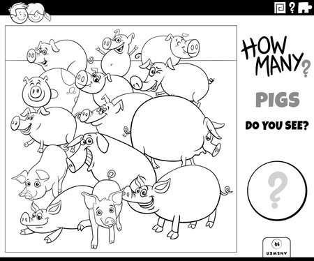 Illustration of educational counting puzzle with cartoon pigs farm animal characters coloring pageのイラスト素材