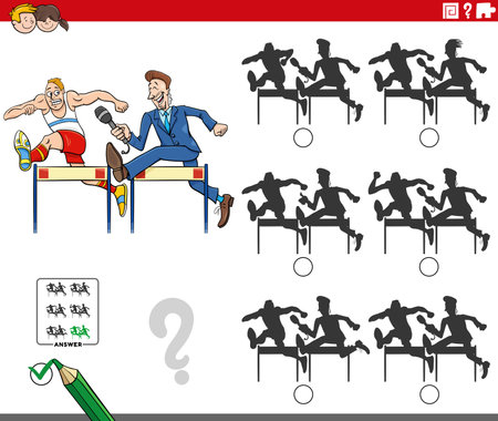 Cartoon illustration of finding the right picture to the shadow educational puzzle with runner and reporterのイラスト素材