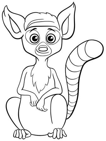 Cartoon illustration of cute lemur animal character coloring pageのイラスト素材