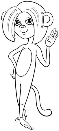 Cartoon illustration of cute female monkey animal character coloring pageのイラスト素材