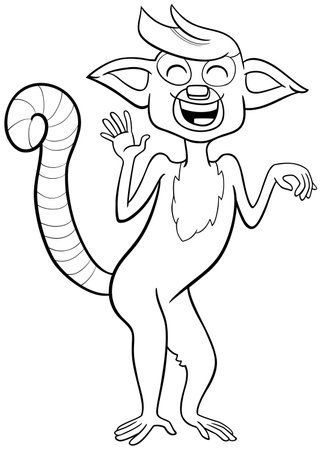 Cartoon illustration of happy lemur primate animal character coloring pageのイラスト素材