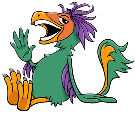 Cartoon illustration of Caudipteryx or feathered dinosaur prehistoric animal character waving its handのイラスト素材