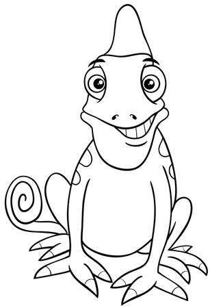 Cartoon illustration of happy chameleon reptile animal character coloring pageのイラスト素材