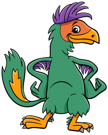 Cartoon illustration of funny Caudipteryx or feathered dinosaur prehistoric animal characterのイラスト素材