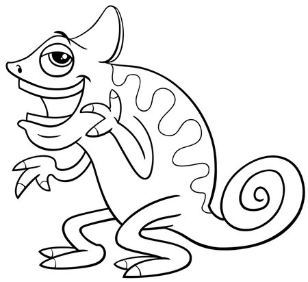 Cartoon illustration of cute chameleon reptile animal character laughing coloring pageのイラスト素材