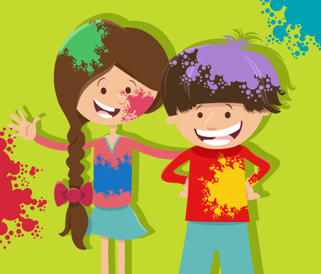 cartoon illustration of happy girl and boy having fun on the party with color powdersのイラスト素材