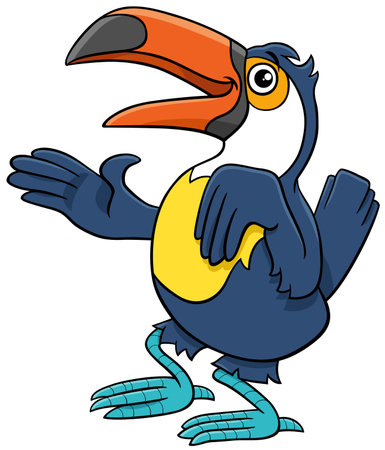 Cartoon illustration of funny toucan bird animal character waving its wing and greetingのイラスト素材