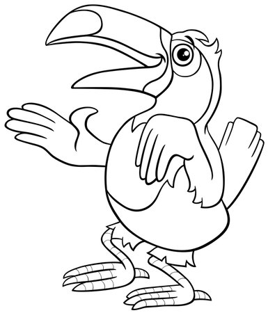 Cartoon illustration of funny toucan bird animal character waving its wing and greeting coloring pageのイラスト素材