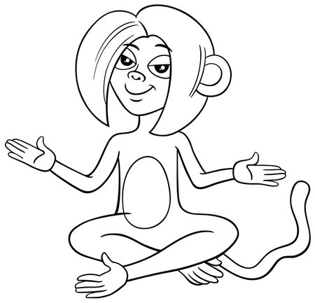 Cartoon illustration of female monkey animal character sitting coloring pageのイラスト素材