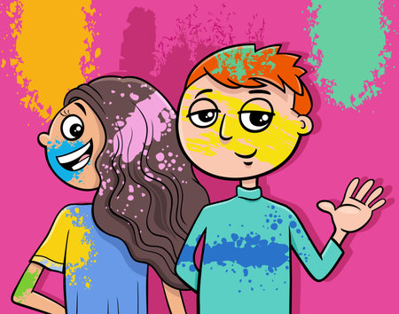 cartoon illustration of happy teen girl and boy on the party with color powdersのイラスト素材