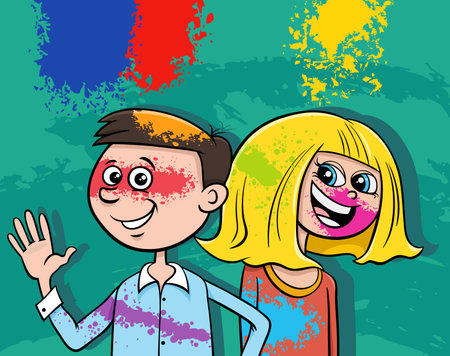 cartoon illustration of happy girl and boy having fun on the party with color powdersのイラスト素材
