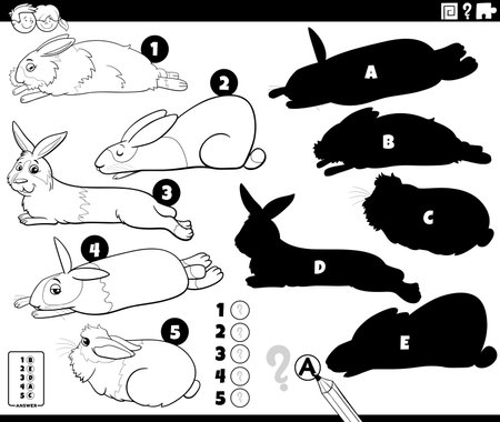 Cartoon illustration of finding the right shadows to the pictures educational puzzle with bunnies animal characters coloring pageのイラスト素材