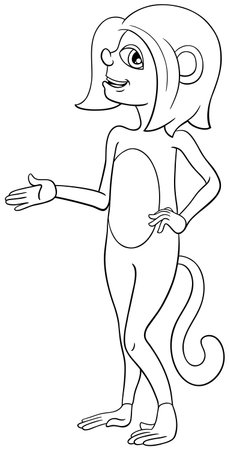 Cartoon illustration of funny female monkey animal character showing something coloring pageのイラスト素材