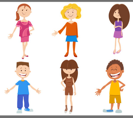 Cartoon illustration of happy children and teenagers characters setのイラスト素材