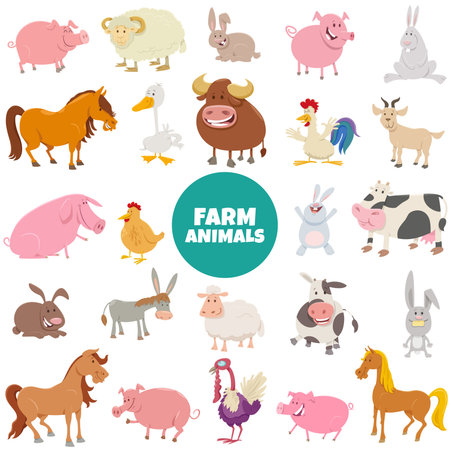Cartoon illustration of happy farm animal characters big setのイラスト素材