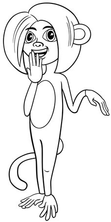 Cartoon illustration of funny confused female monkey wild animal character coloring pageのイラスト素材
