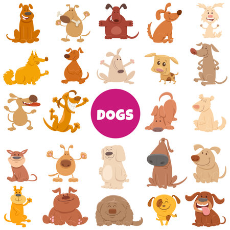 Cartoon illustration of happy dogs and puppies animal characters big setのイラスト素材
