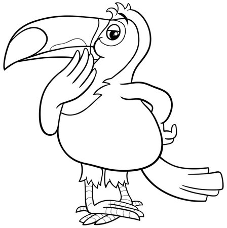 Cartoon illustration of funny thoughtful toucan bird animal character coloring pageのイラスト素材