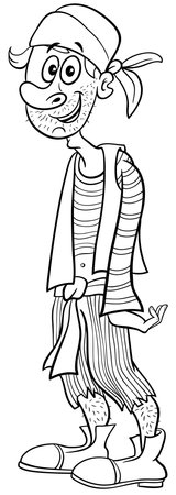 Cartoon illustration of funny young pirate comic character coloring pageのイラスト素材